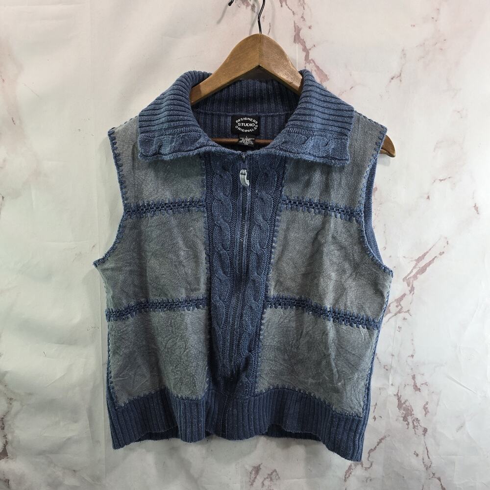 Vintage Sweater Vest Womens Large Blue Gray Leather Patchwork 90s Full Zip Knit